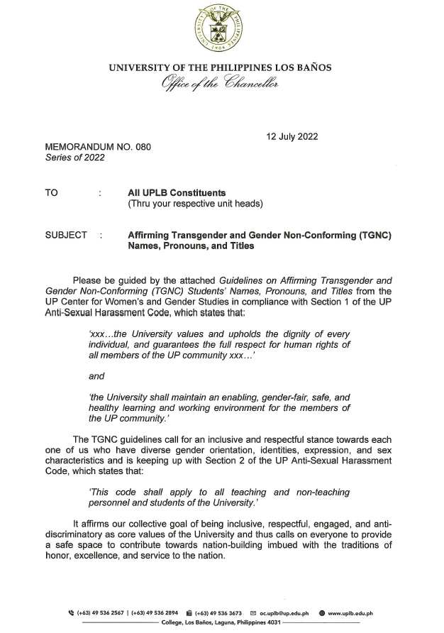 OC Memorandum No. 080 s. 2022 Affirming Transgender and Gender Non-Conforming (TGNC) Names, Pronouns and Titles